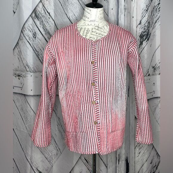 Tropical Boho Jungle Print/Stripes Jacket Quilted Reversible L - Picture 7 of 10